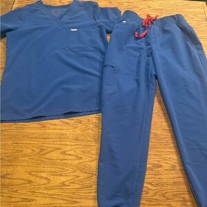 Figs Blue Scrub Set with Red Accent